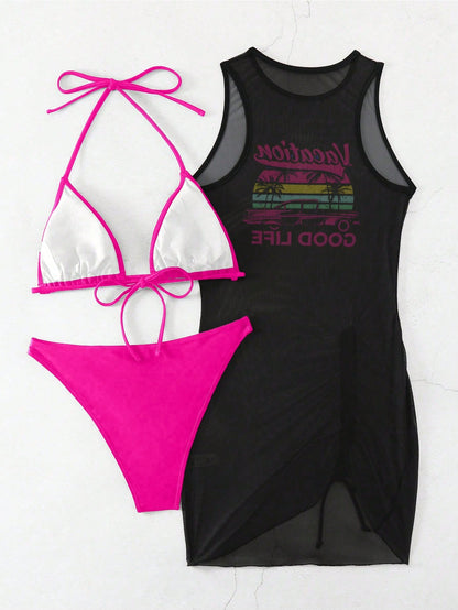 Swim Vcay Women Summer Beach Solid Color Halter Tie Sexy Bikini Swimwear Set With Letter Print Sleeveless Cover-Up Dress