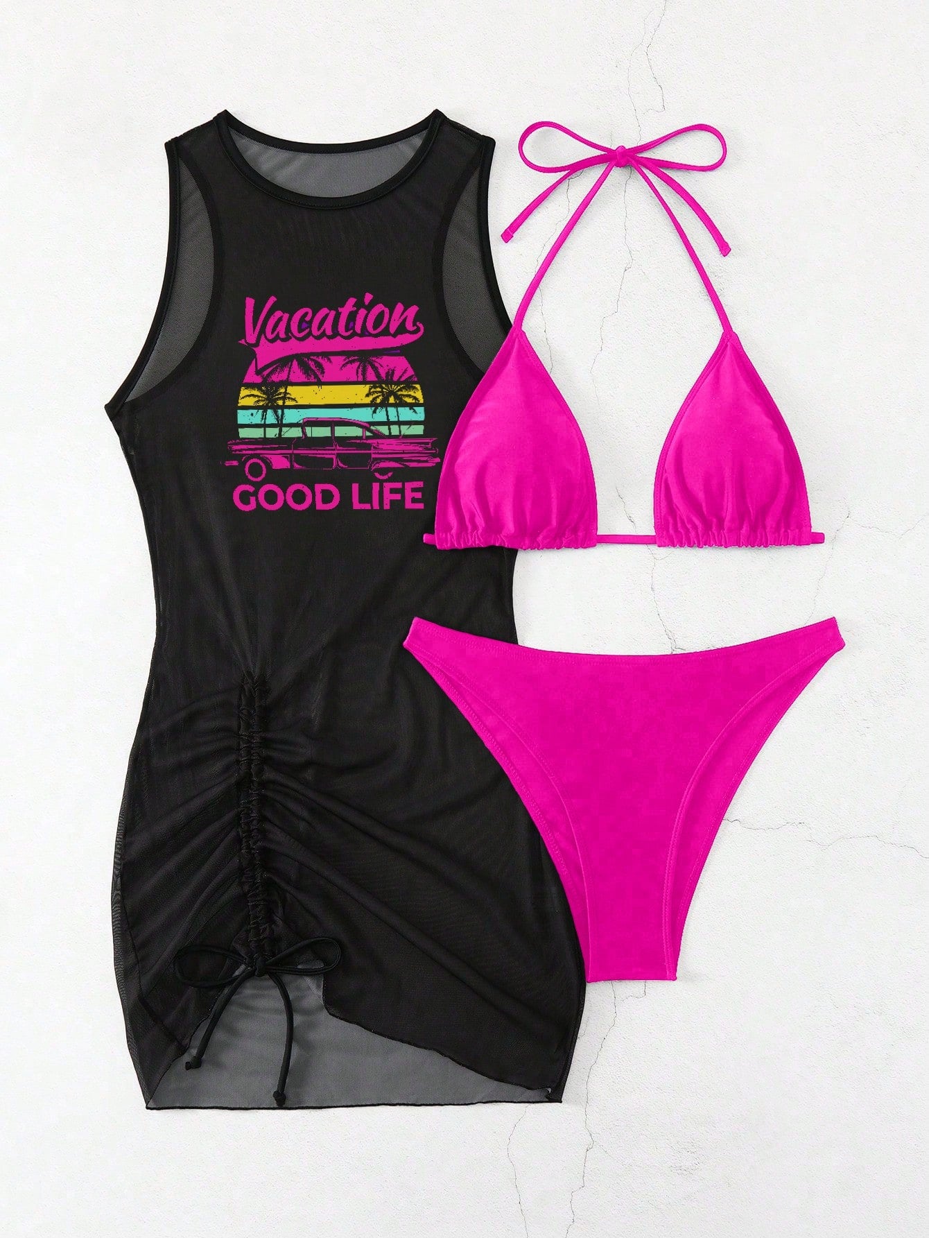 Swim Vcay Women Summer Beach Solid Color Halter Tie Sexy Bikini Swimwear Set With Letter Print Sleeveless Cover-Up Dress