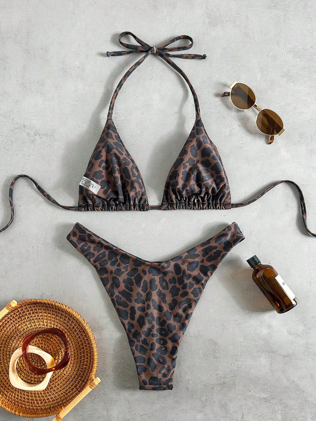 Swim Vcay Women Tropical Print Halter Bikini Set, Cute Triangle Top And Bottom,Chocolate Brown,Summer,Casual,Beach,Holiday,Vacation,Holiday Party Swimsuit