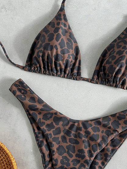 Swim Vcay Women Tropical Print Halter Bikini Set, Cute Triangle Top And Bottom,Chocolate Brown,Summer,Casual,Beach,Holiday,Vacation,Holiday Party Swimsuit