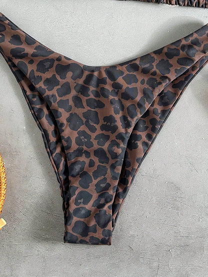 Swim Vcay Women Tropical Print Halter Bikini Set, Cute Triangle Top And Bottom,Chocolate Brown,Summer,Casual,Beach,Holiday,Vacation,Holiday Party Swimsuit