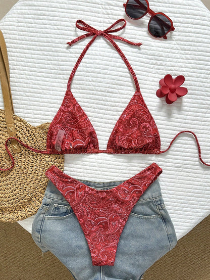 Swim Vcay Women Tropical Print Halter Bikini Set, Cute Triangle Top And Bottom,Chocolate Brown,Summer,Casual,Beach,Holiday,Vacation,Holiday Party Swimsuit