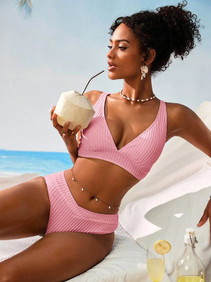 Swim Vcay Women V-Neck Textured Striped Tankini Swimwear Set