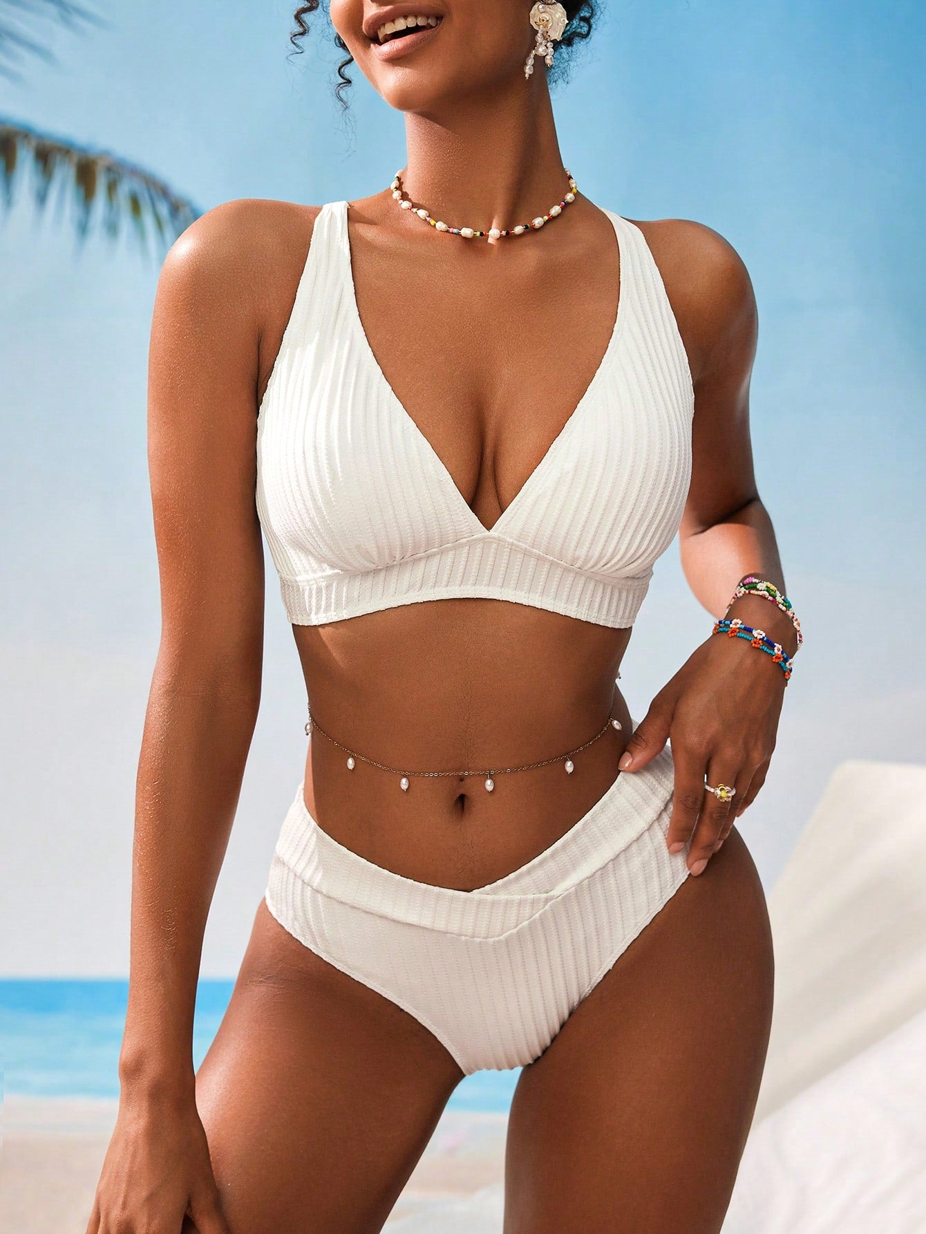 Swim Vcay Women V-Neck Textured Striped Tankini Swimwear Set