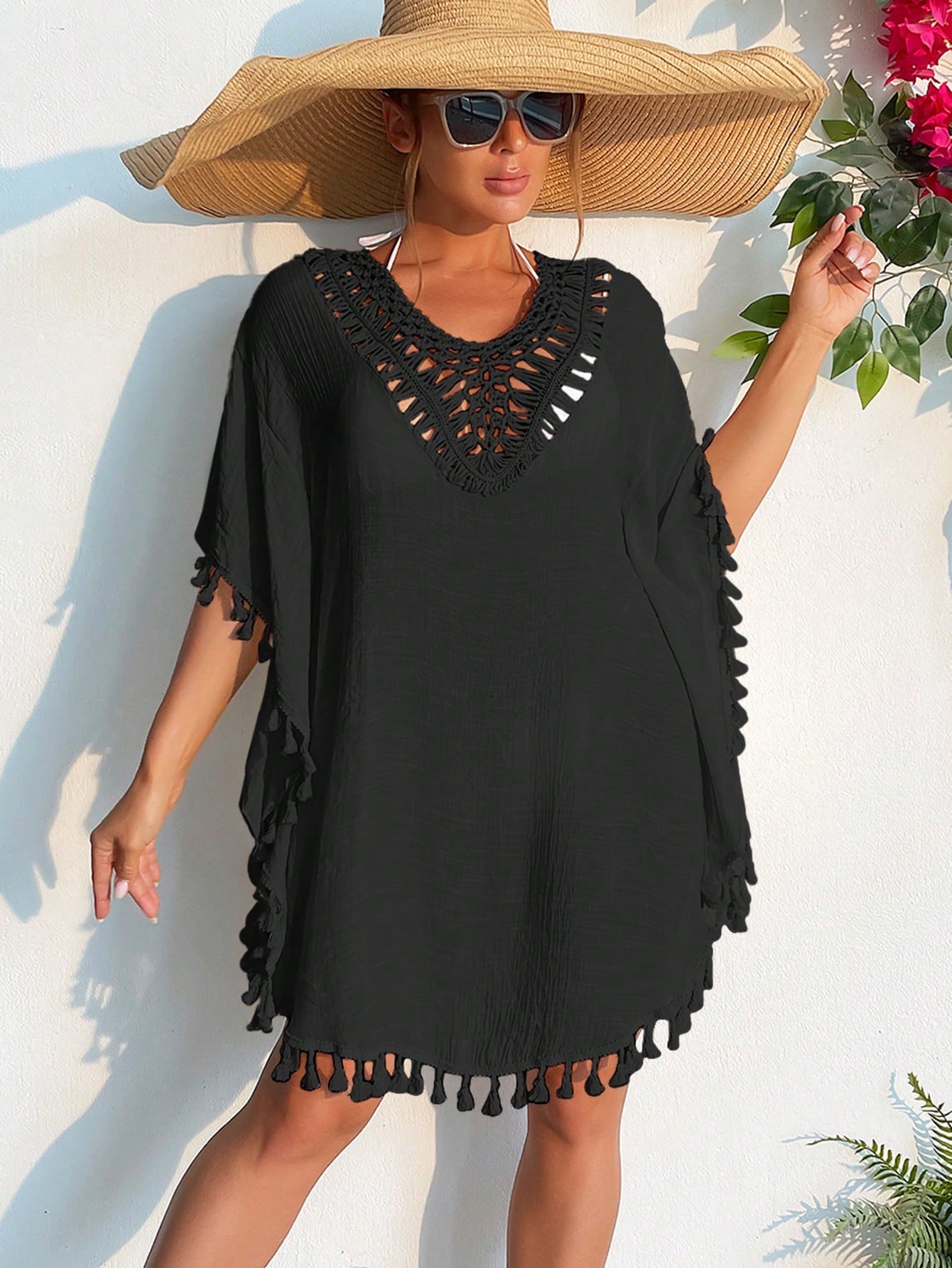Swim Women Fashionable Solid Color Fringe Hem Short Sleeve Hollow Out Cover-Up,Summer Beach