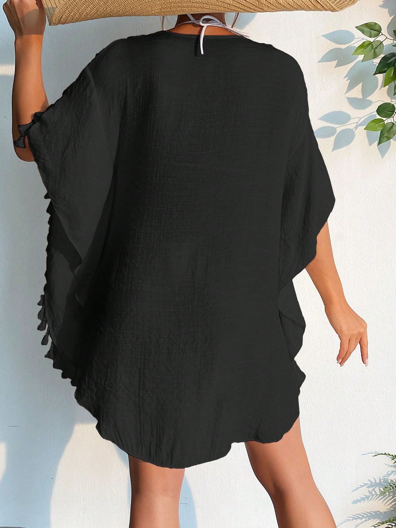 Swim Women Fashionable Solid Color Fringe Hem Short Sleeve Hollow Out Cover-Up,Summer Beach