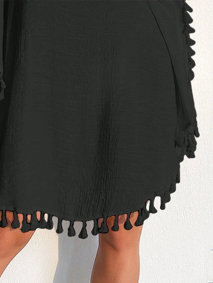 Swim Women Fashionable Solid Color Fringe Hem Short Sleeve Hollow Out Cover-Up,Summer Beach