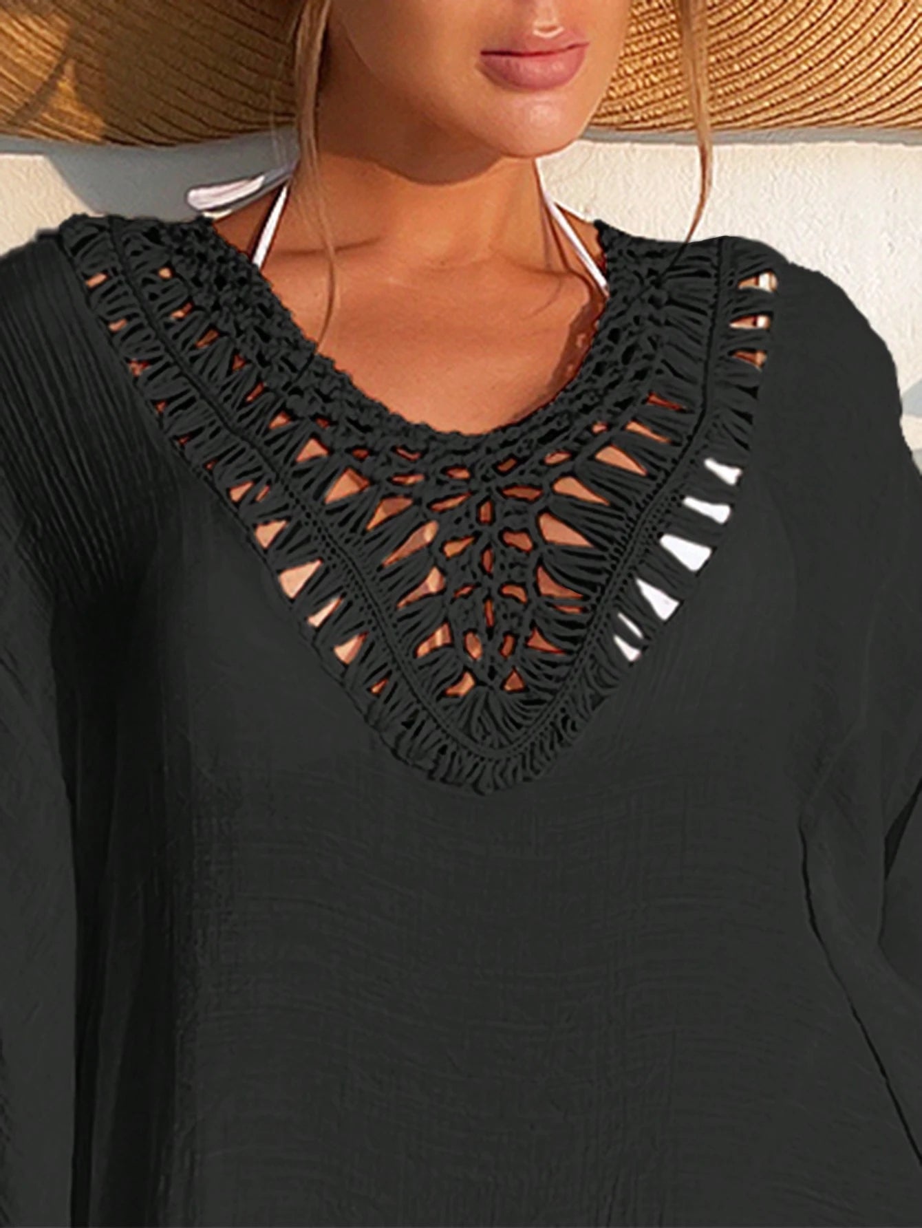 Swim Women Fashionable Solid Color Fringe Hem Short Sleeve Hollow Out Cover-Up,Summer Beach