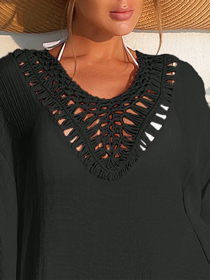 Swim Women Fashionable Solid Color Fringe Hem Short Sleeve Hollow Out Cover-Up,Summer Beach