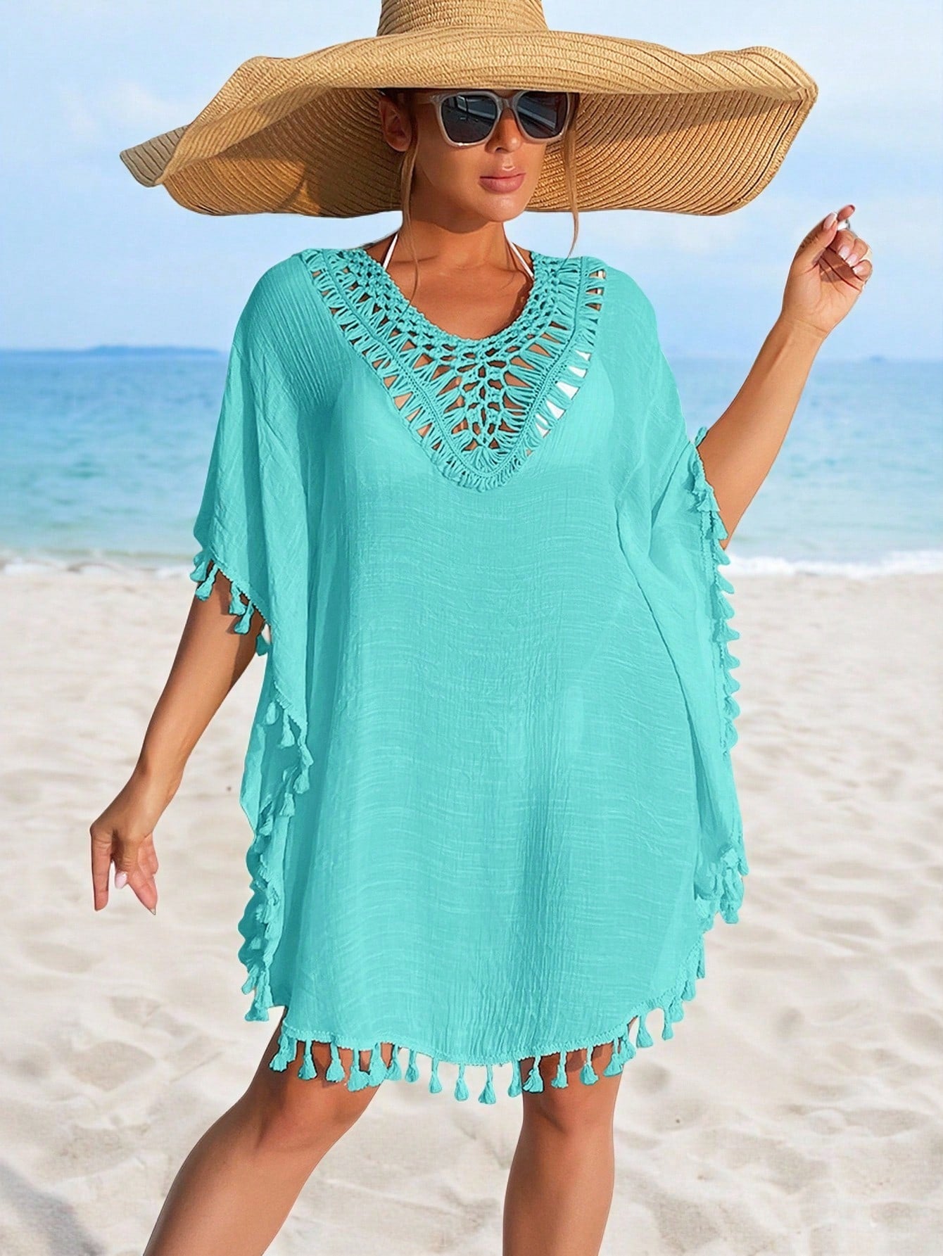 Swim Women Fashionable Solid Color Fringe Hem Short Sleeve Hollow Out Cover-Up,Summer Beach