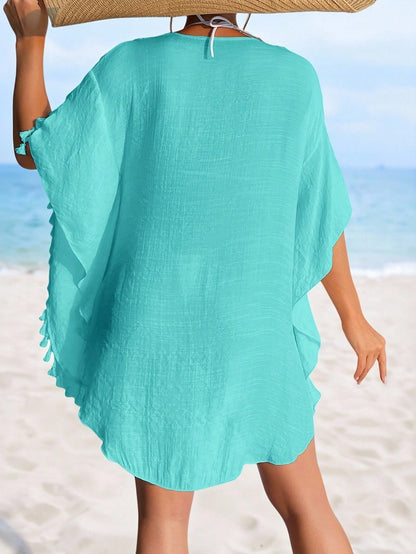 Swim Women Fashionable Solid Color Fringe Hem Short Sleeve Hollow Out Cover-Up,Summer Beach