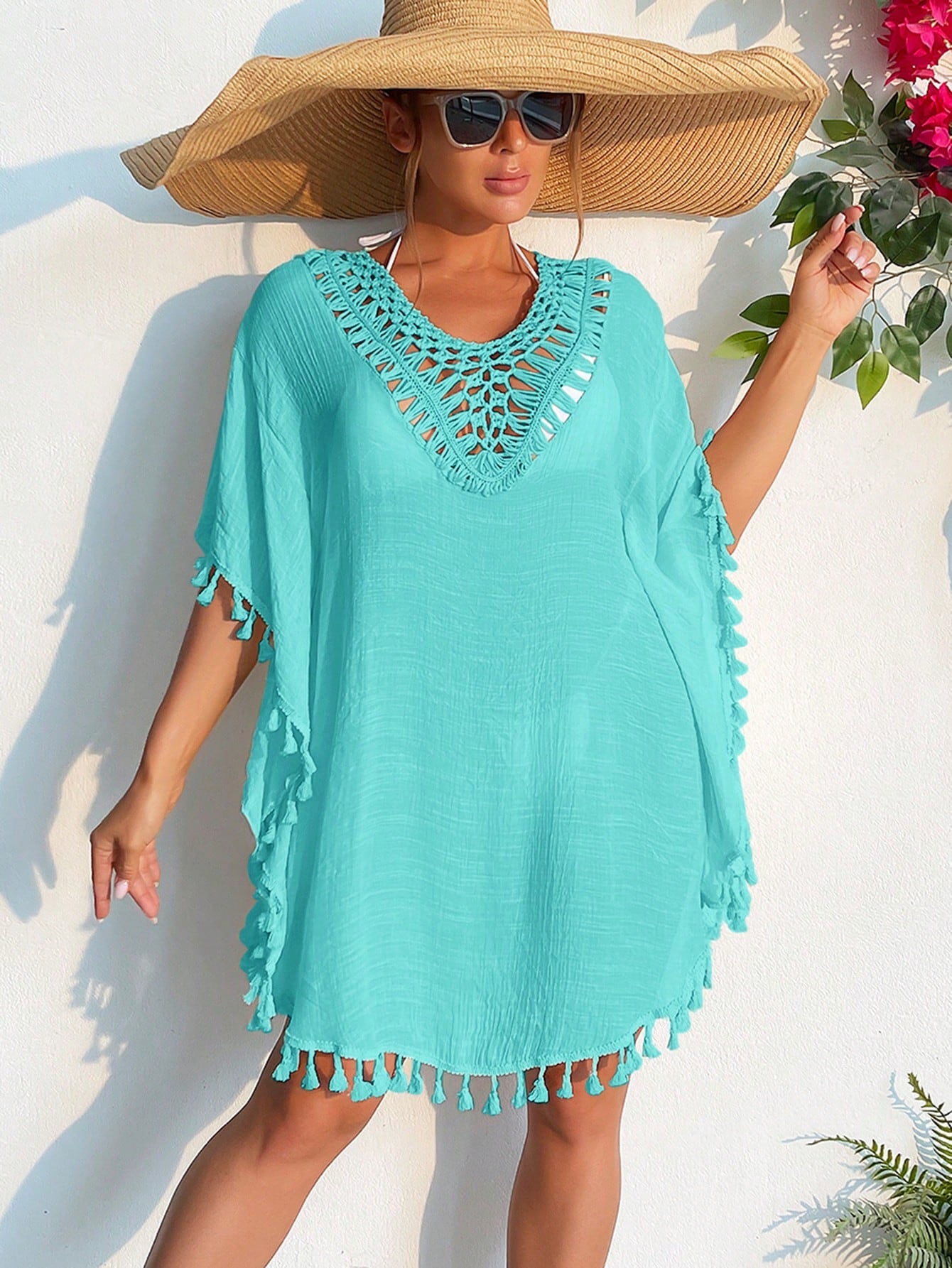 Swim Women Fashionable Solid Color Fringe Hem Short Sleeve Hollow Out Cover-Up,Summer Beach