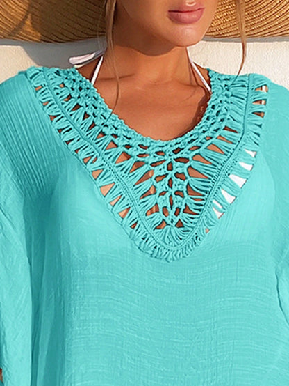 Swim Women Fashionable Solid Color Fringe Hem Short Sleeve Hollow Out Cover-Up,Summer Beach