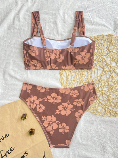Swim Women's Floral Print Bikini Set For Summer Beach Vacation, Print Style Is Random Brown Blomaby Low Rise