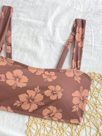 Swim Women's Floral Print Bikini Set For Summer Beach Vacation, Print Style Is Random Brown Blomaby Low Rise
