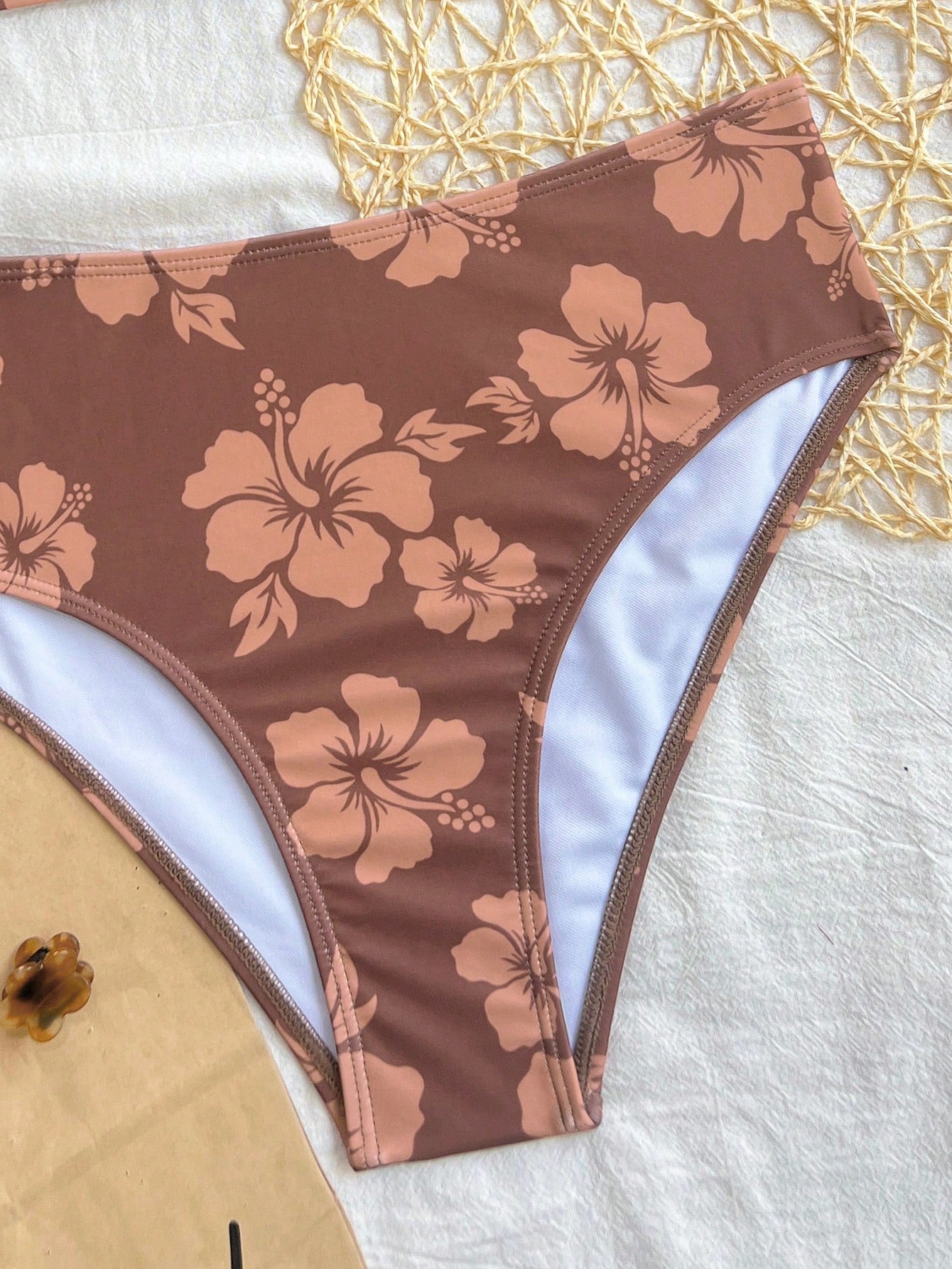Swim Women's Floral Print Bikini Set For Summer Beach Vacation, Print Style Is Random Brown Blomaby Low Rise
