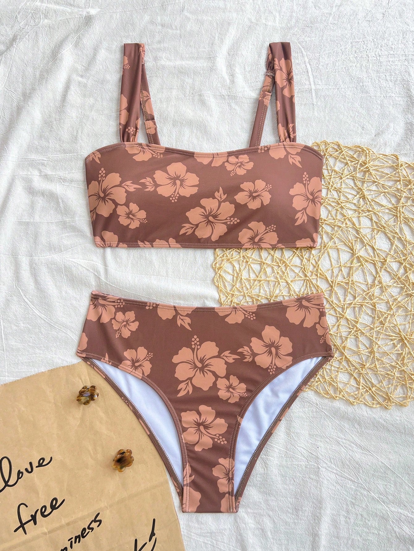 Swim Women's Floral Print Bikini Set For Summer Beach Vacation, Print Style Is Random Brown Blomaby Low Rise