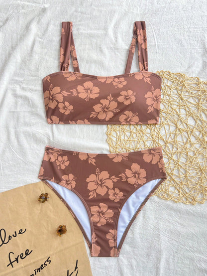Swim Women's Floral Print Bikini Set For Summer Beach Vacation, Print Style Is Random Brown Blomaby Low Rise