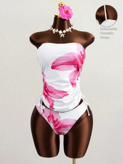 Swim Women's Printed Tankini Swimwear Set, Elegant Vacation Casual Style