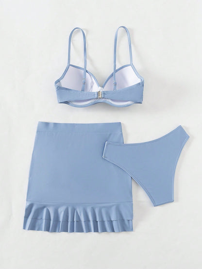 Swim Women's Sexy Solid Color Bikini Set With Crossed Chest And Underwire, 3pcs/Set With Cover Up Skirt And Shirt Summer