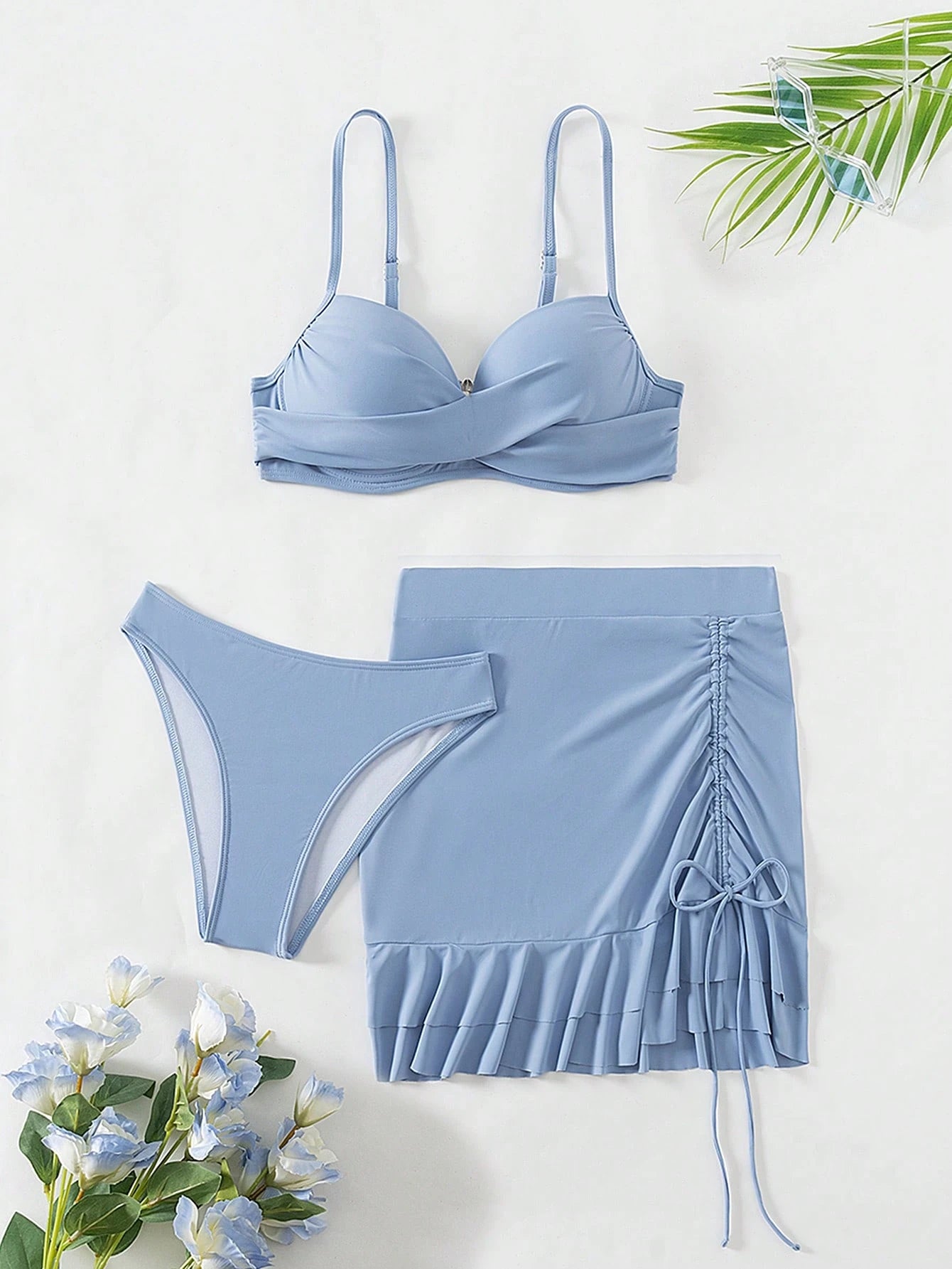 Swim Women's Sexy Solid Color Bikini Set With Crossed Chest And Underwire, 3pcs/Set With Cover Up Skirt And Shirt Summer