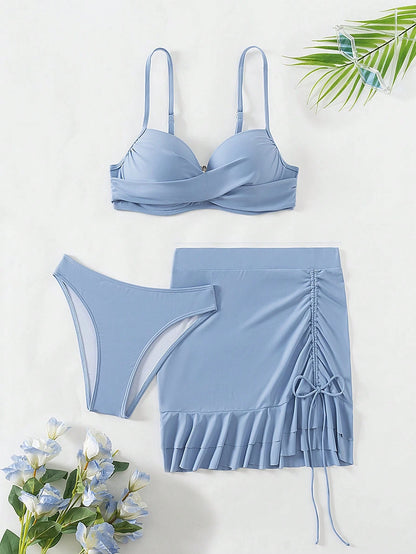 Swim Women's Sexy Solid Color Bikini Set With Crossed Chest And Underwire, 3pcs/Set With Cover Up Skirt And Shirt Summer