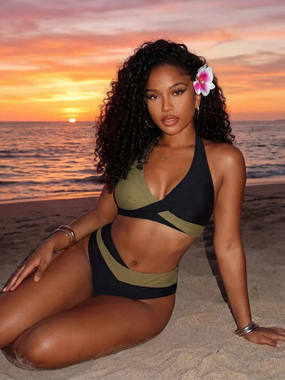 Swim Women's Solid Color Halter Neck Splicing Bikini Top And Bottom Swimwear Set Summer