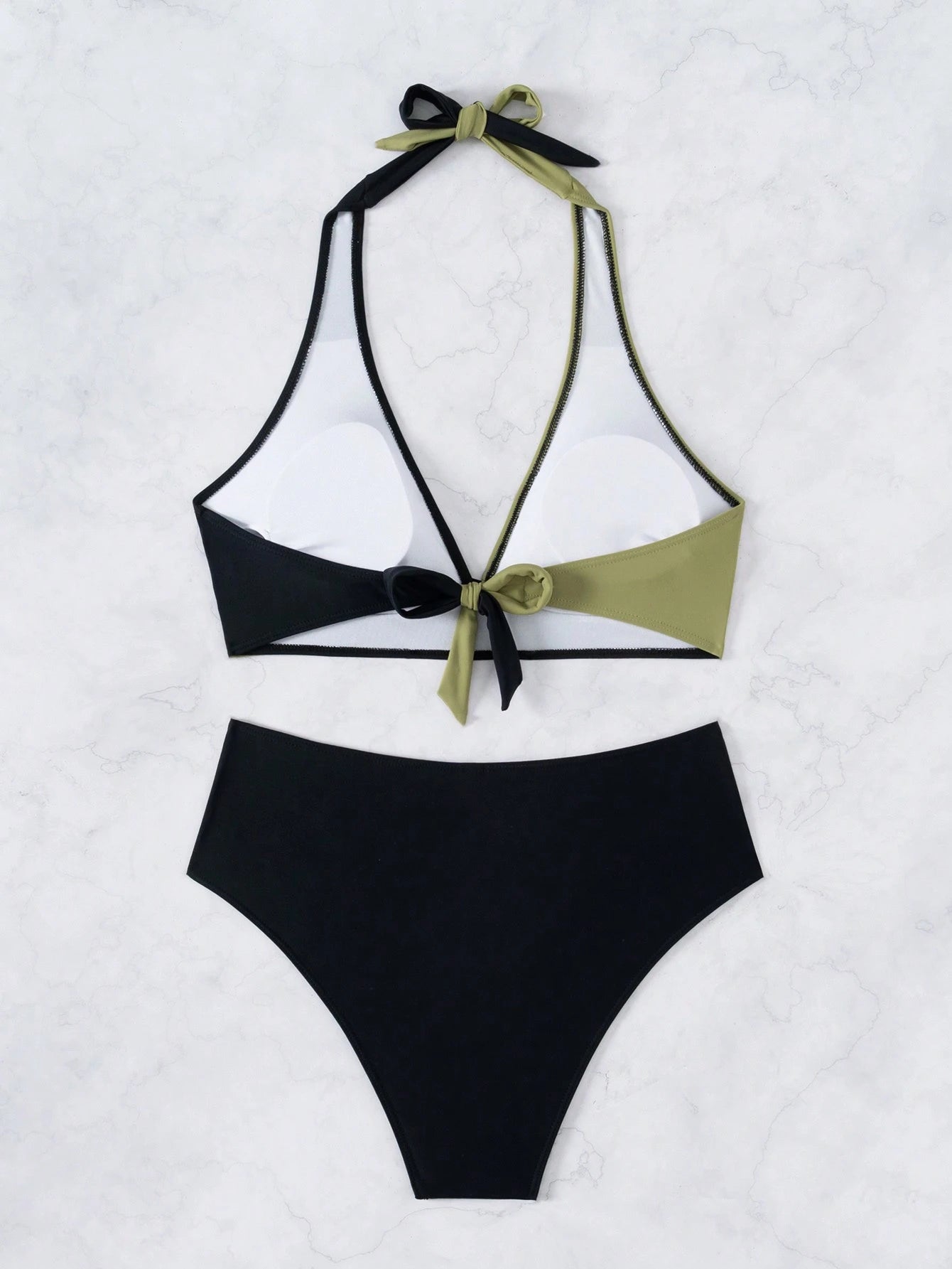 Swim Women's Solid Color Halter Neck Splicing Bikini Top And Bottom Swimwear Set Summer
