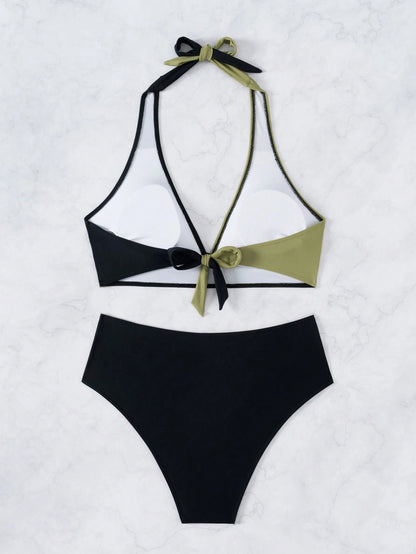 Swim Women's Solid Color Halter Neck Splicing Bikini Top And Bottom Swimwear Set Summer