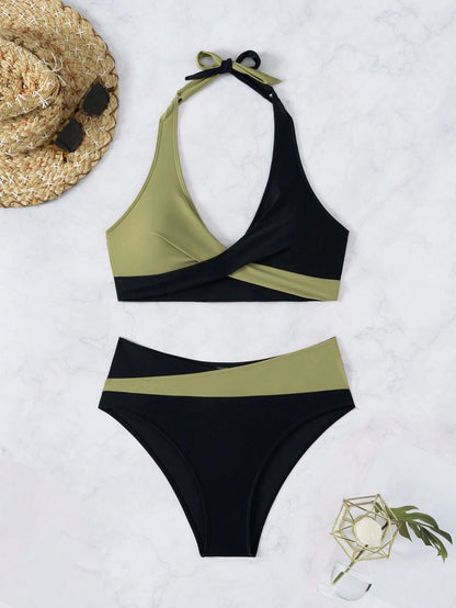 Swim Women's Solid Color Halter Neck Splicing Bikini Top And Bottom Swimwear Set Summer
