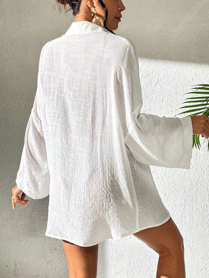 Swim Women's Solid Color Single-Breasted Casual Versatile Vacation Beach Kimono Cover Up