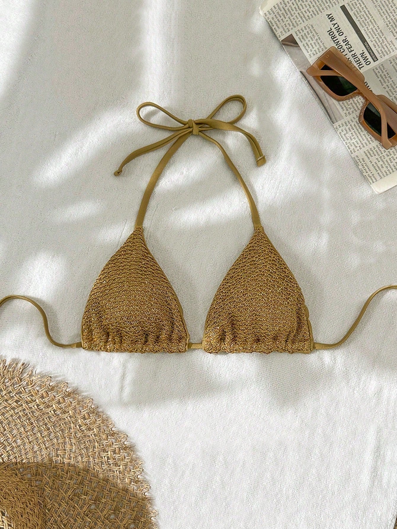 Swim Women's Solid Sequin Textured Halter Triangle Cup Bikini Set,Gold Crochet Knitted Bathing Suit,Summer Casual Beach Holiday Vacation Swimwear