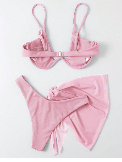 Swim Women's Summer Beach Solid Color Sexy Bikini Set With Coverup And Sarong Skirt, 3 Pieces Set With Underwire Swimming Pink Hot Pink