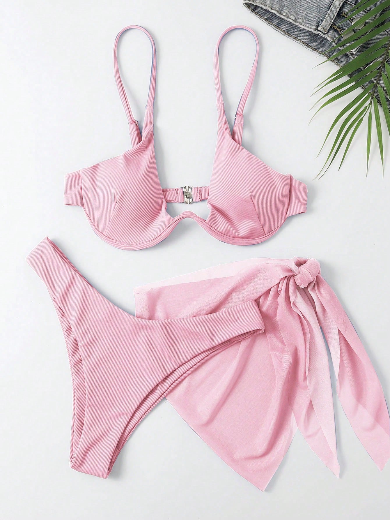 Swim Women's Summer Beach Solid Color Sexy Bikini Set With Coverup And Sarong Skirt, 3 Pieces Set With Underwire Swimming Pink Hot Pink