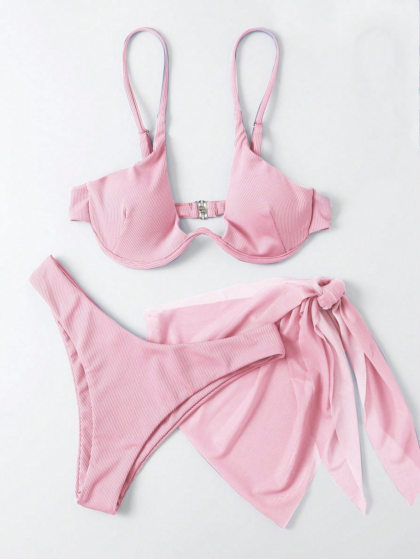 Swim Women's Summer Beach Solid Color Sexy Bikini Set With Coverup And Sarong Skirt, 3 Pieces Set With Underwire Swimming Pink Hot Pink