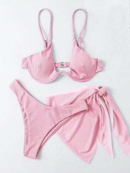 Swim Women's Summer Beach Solid Color Sexy Bikini Set With Coverup And Sarong Skirt, 3 Pieces Set With Underwire Swimming Pink Hot Pink