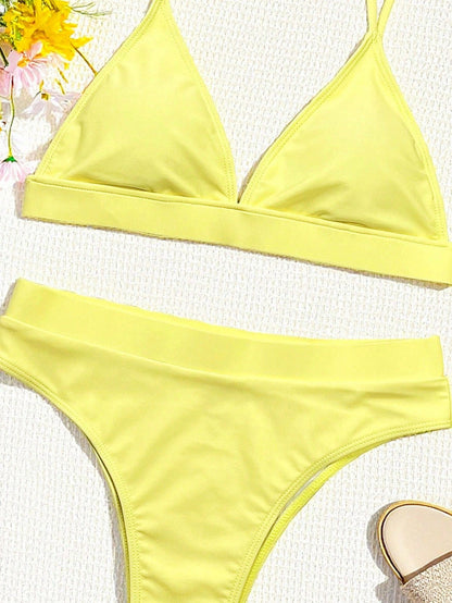 Swim Women's Summer Beach Solid Color Sexy Bikini Swimwear Set, Random Print