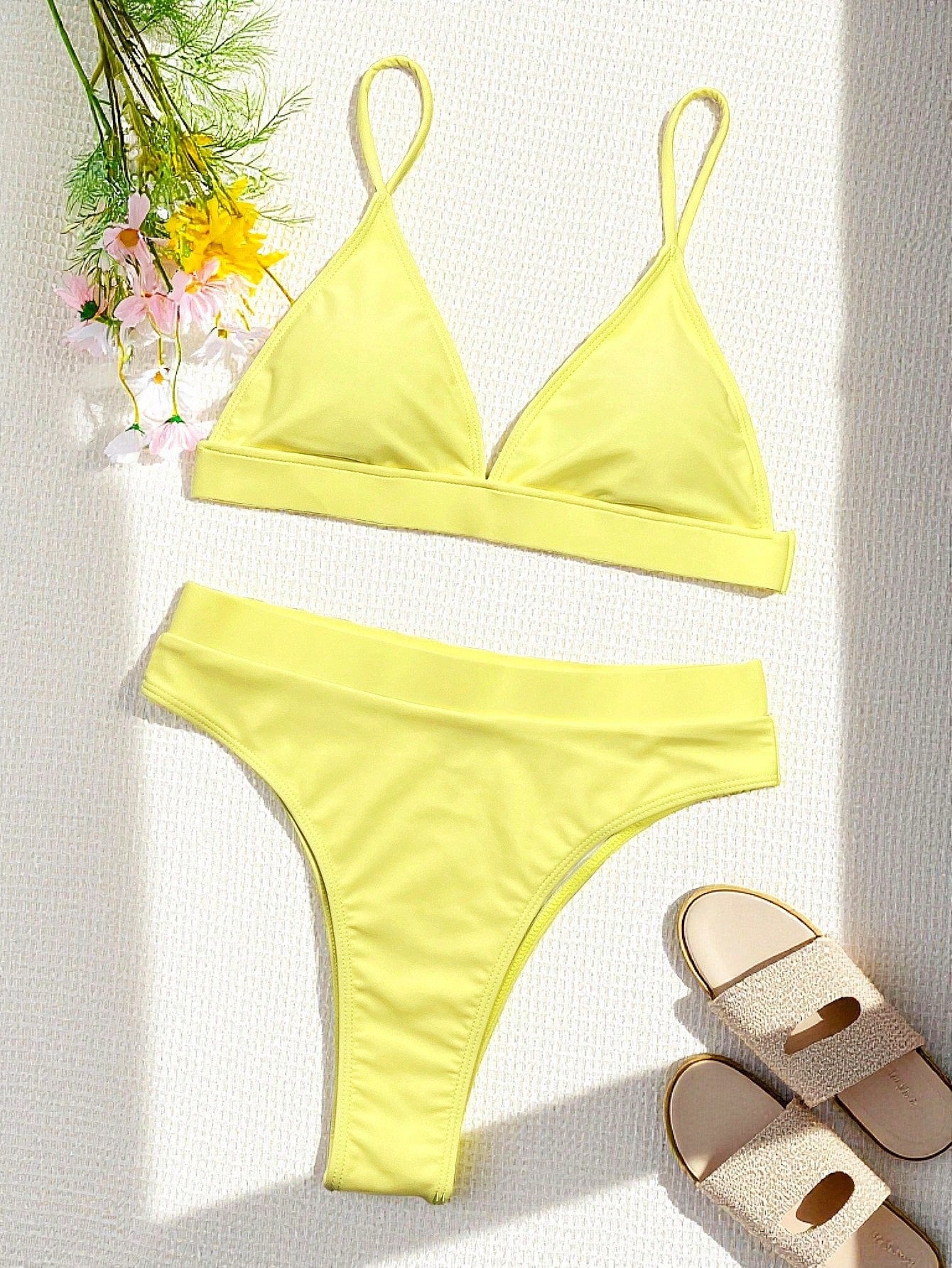 Swim Women's Summer Beach Solid Color Sexy Bikini Swimwear Set, Random Print
