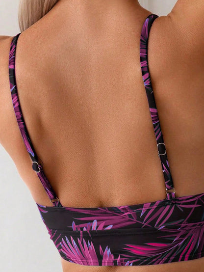 Swim Women's Summer Beach Tropical Plant Print Tie-Front Sexy Bikini Swimsuit