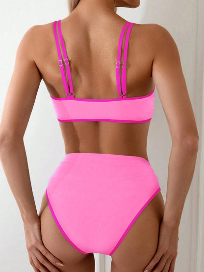 Swim Women Sexy Halter Lace Up Two Pieces Bikini Set With Color Block Design And Cutouts For Beach Vacation,Summer Beach