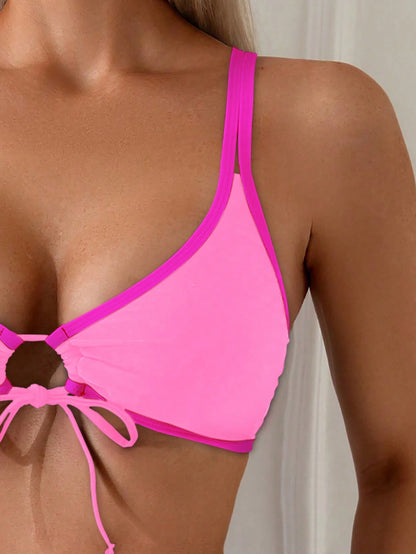 Swim Women Sexy Halter Lace Up Two Pieces Bikini Set With Color Block Design And Cutouts For Beach Vacation,Summer Beach