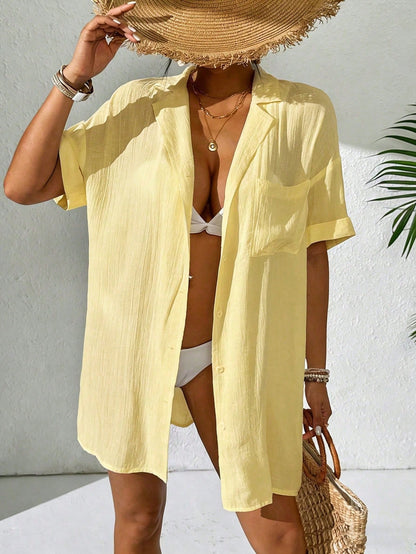 Swim Women Simple Solid Color Short Sleeve Kimono, Summer Beach For Women, Long Beach Kimono