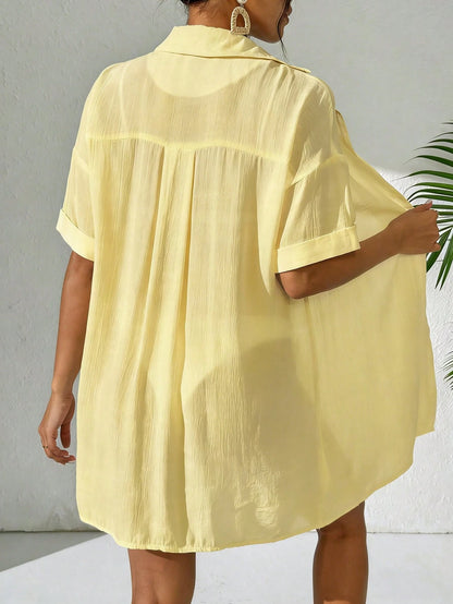 Swim Women Simple Solid Color Short Sleeve Kimono, Summer Beach For Women, Long Beach Kimono