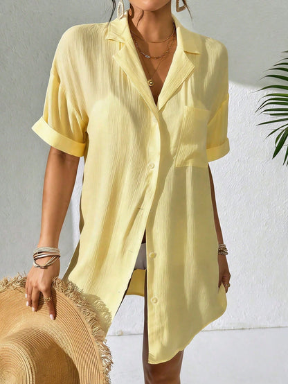 Swim Women Simple Solid Color Short Sleeve Kimono, Summer Beach For Women, Long Beach Kimono