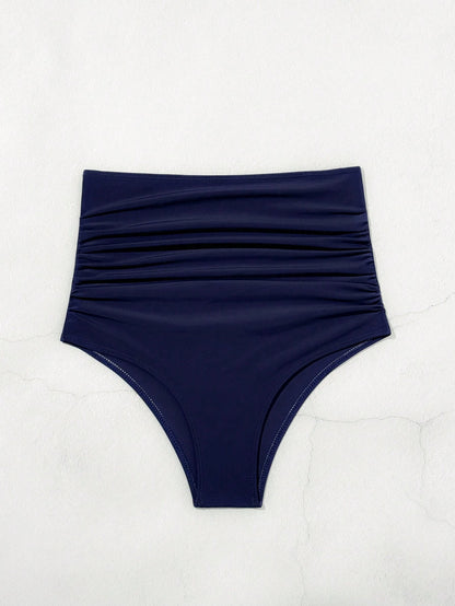 Swim Women Summer Beach High Waist Solid Bikini Bottom With Ruched Detail For Vacation
