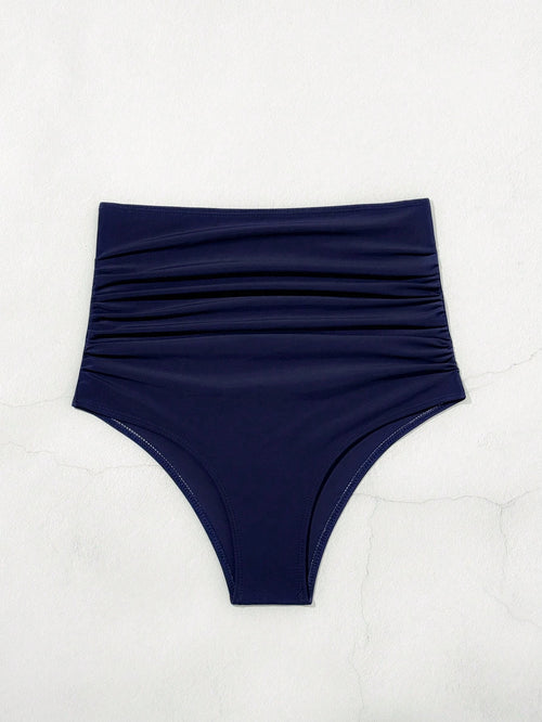 Swim Women Summer Beach High Waist Solid Bikini Bottom With Ruched Detail For Vacation