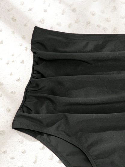 Swim Women Summer Beach High Waist Solid Bikini Bottom With Ruched Detail For Vacation