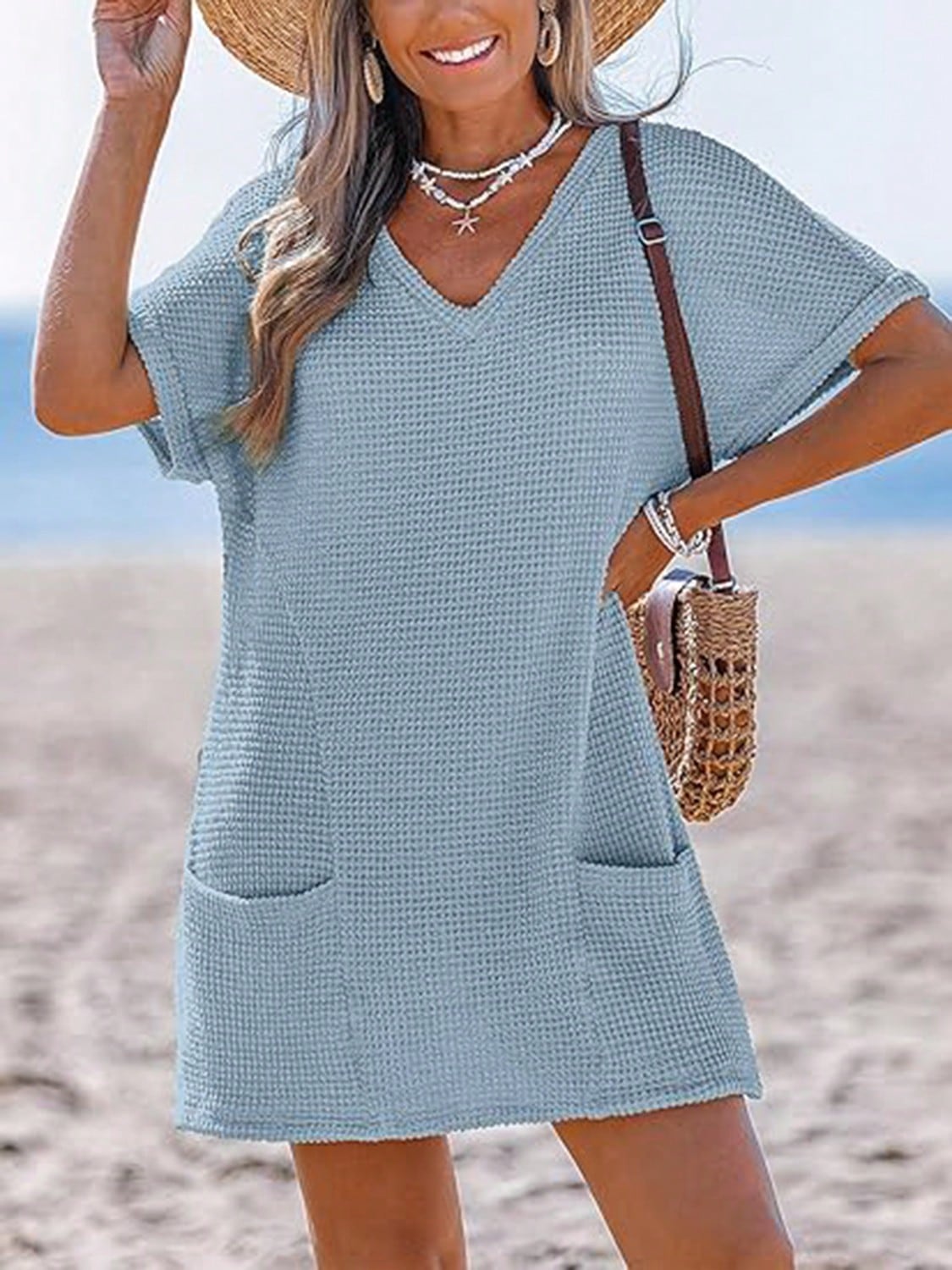 Swimsuit Coverup For Women Waffle Knit V Neck Short Sleeve Beach Coverup Dress With Pockets