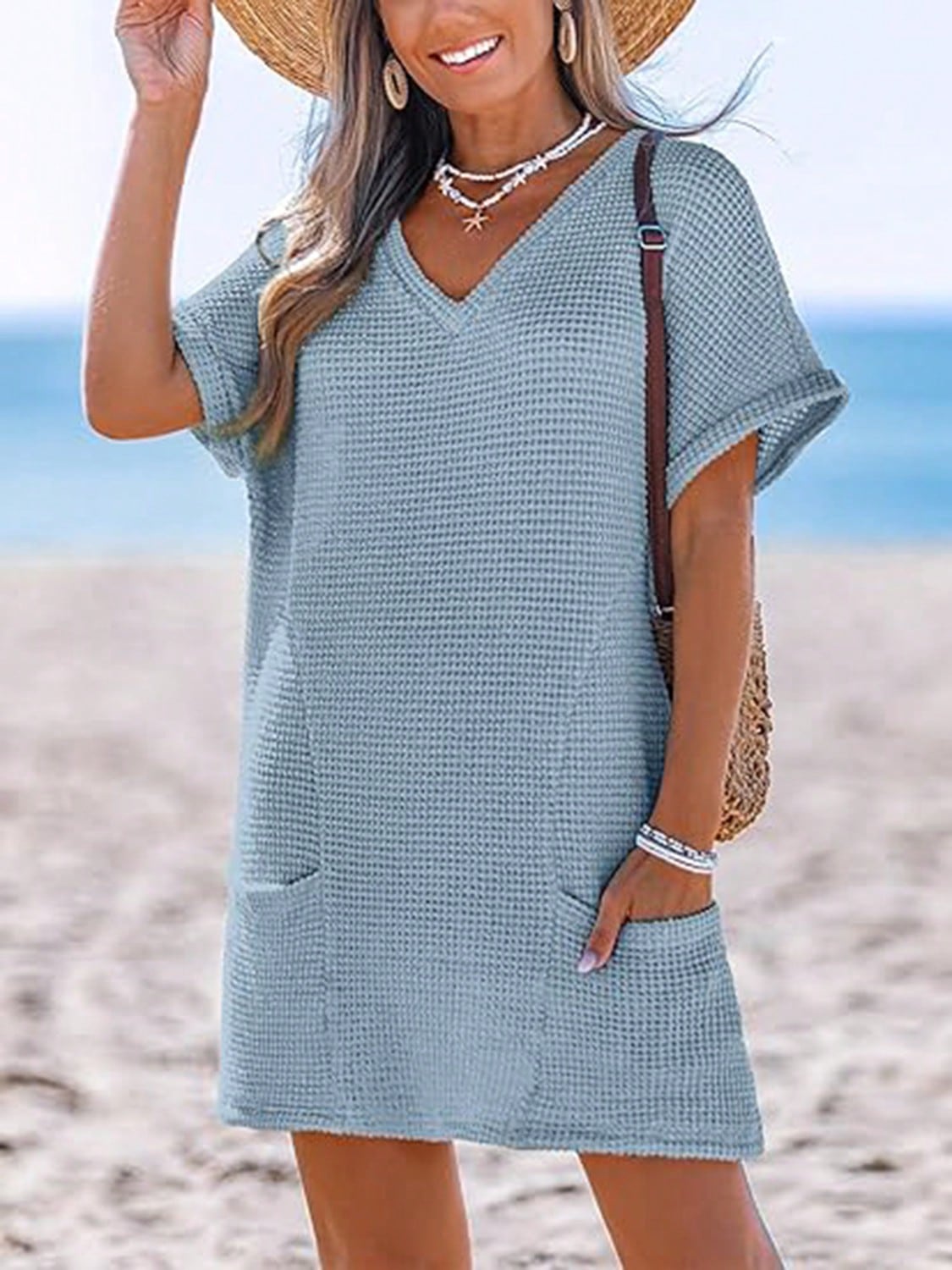 Swimsuit Coverup For Women Waffle Knit V Neck Short Sleeve Beach Coverup Dress With Pockets