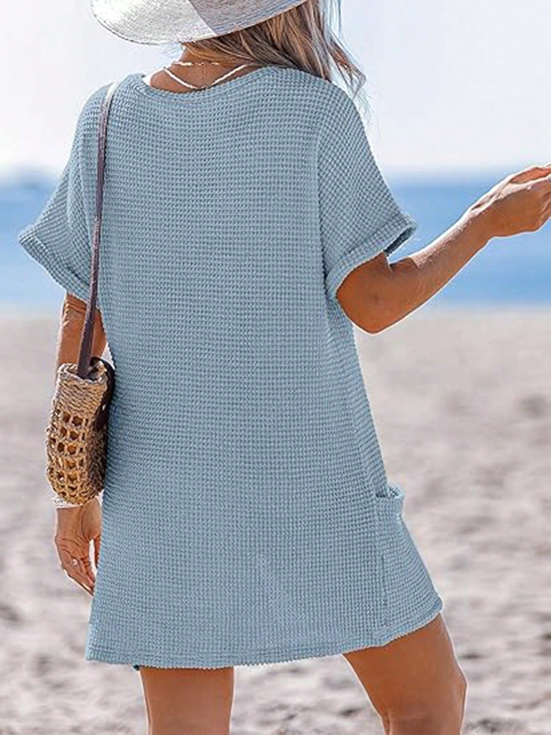 Swimsuit Coverup For Women Waffle Knit V Neck Short Sleeve Beach Coverup Dress With Pockets
